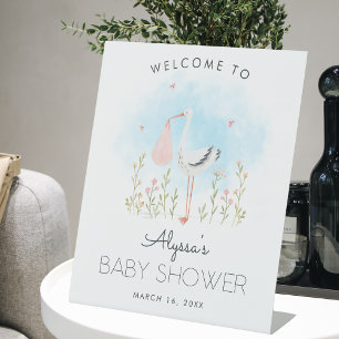 Süße Watercolor-Storch-Baby-Shower-Begrüßung Sockelschild