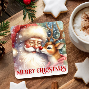 Süße Weihnachts-Coaster mit Santa Claus und Rudolp Rechteckiger Pappuntersetzer