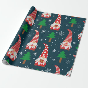 Süße Weihnachts-Gnome mit Bäumen und Schneeflocken Geschenkpapier