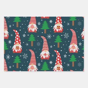 Süße Weihnachts-Gnome mit Bäumen und Schneeflocken Geschenkpapier Set