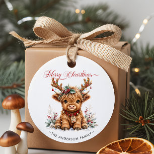 Süße Weihnachts-Hochlandkuh mit festlichen Geweihe Runder Aufkleber