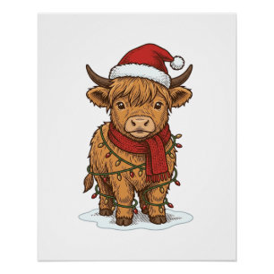 Süße Weihnachts-Hochlandkuh Vintage-Gravur-Shirt Poster