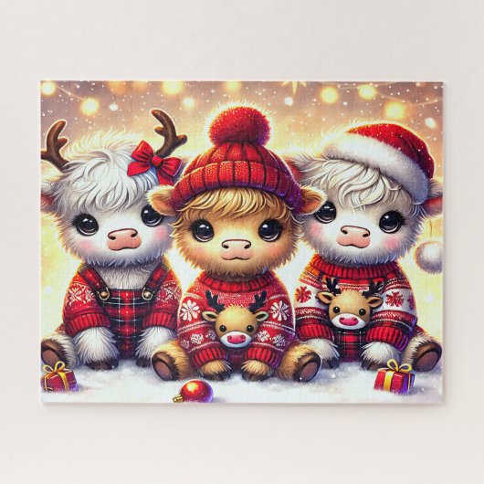Süße Weihnachts-Hochlandkühe Puzzle (Horizontal)