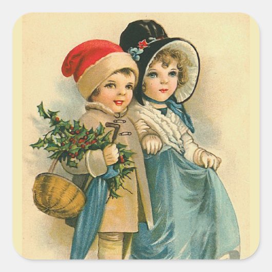 "Süße Weihnachts-Kinder" Quadratischer Aufkleber (Vorderseite)