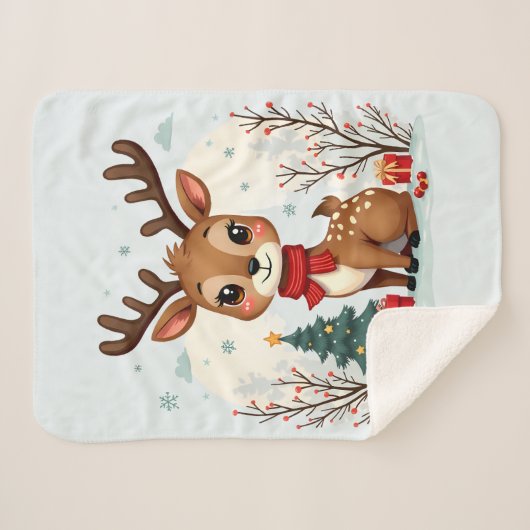 Süße Weihnachts-Rentier-Szene Schneebedeckter Wald Sherpadecke (Vorderseite (Horizontal))