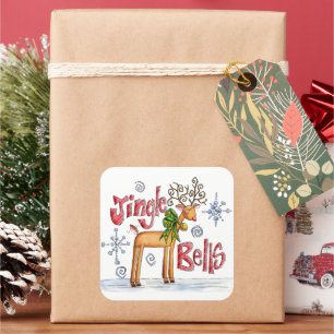 Süße Weihnachts-Rentiere, Jingle Bells-Schneeflock Quadratischer Aufkleber