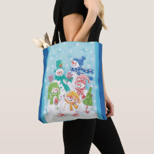 Süße Weihnachts-Schneemann-Familie im Schnee Tasche