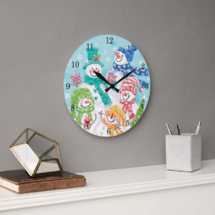 Süße Weihnachts-Schneemannfamilie im Schnee Große Wanduhr