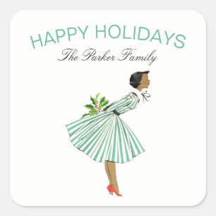 Süße Weihnachts Vintage Retro Dame im Kleid Quadratischer Aufkleber