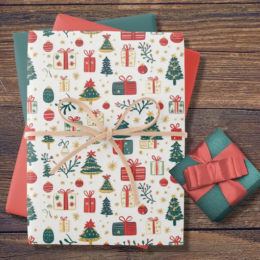 Süße Weihnachtsbäume Geschenke Retro-Muster Geschenkpapier Set