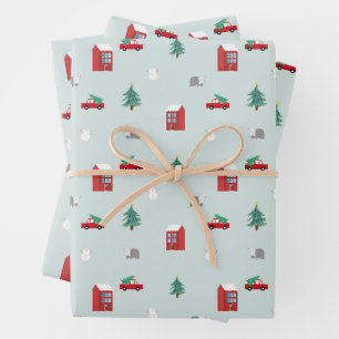 Süße Weihnachtsdorf-Muster Geschenkpapier Set