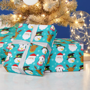 Süße Weihnachtsfiguren auf Blau Geschenkpapier