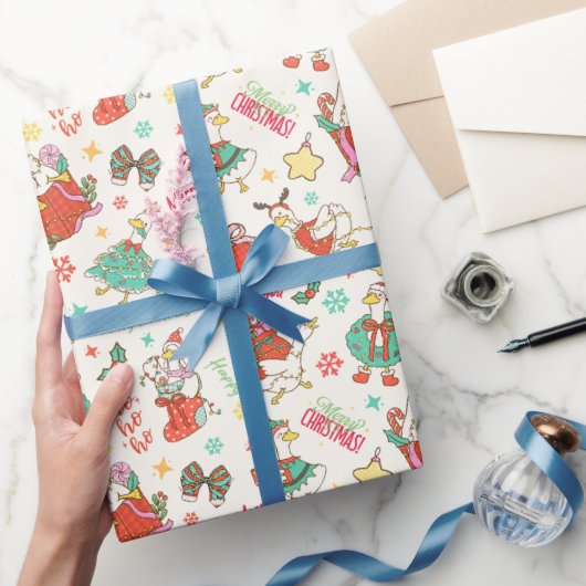 Süße Weihnachtsgans-Illustrationsmuster Elfenbein Geschenkpapier (Schenken)