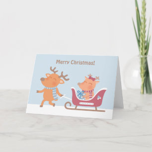 Süße Weihnachtsgrüße-Rentier-Schlitten-Grußkarte Feiertagskarte