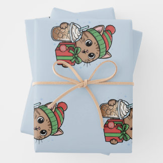 Süße Weihnachtskatze & Eiskaffee-Muster-Wrap Geschenkpapier Set