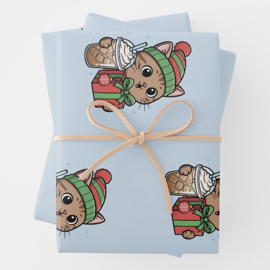 Süße Weihnachtskatze & Eiskaffee-Muster-Wrap Geschenkpapier Set (Beispiel)