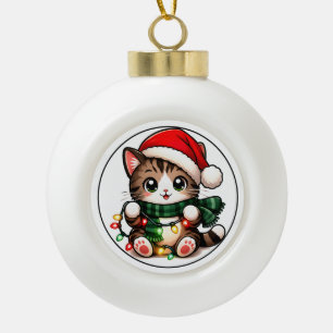 Süße Weihnachtskatze mit Santa-Hut und Lichtern Or Keramik Kugel-Ornament