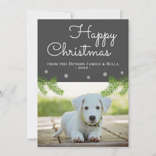 Süße Weihnachtskiefernzweige Schneeflocke Hund Fot Karte