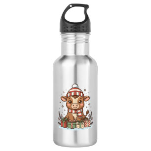 Süße Weihnachtskuh mit Geschenken Vintage Vektor_1 Edelstahlflasche