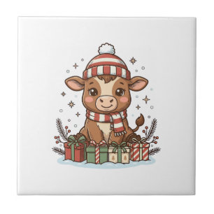 Süße Weihnachtskuh mit Geschenken Vintage Vektor_1 Fliese