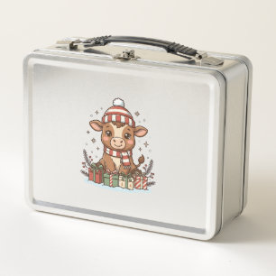 Süße Weihnachtskuh mit Geschenken Vintage Vektor_1 Metall Brotdose