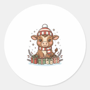 Süße Weihnachtskuh mit Geschenken Vintage Vektor_1 Runder Aufkleber