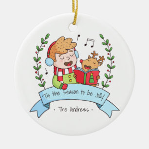 Süße Weihnachtslieder Junge und Rentier-Ornament Keramikornament