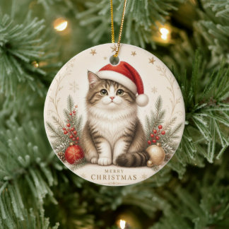 Süße Weihnachtsmannmütze Katzen-Weihnachtsdekorati Keramik Ornament