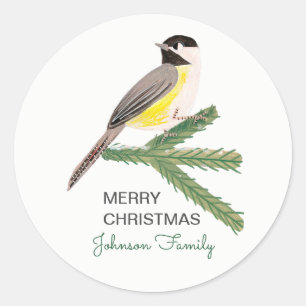 Süße Weihnachtsmeise gelber Vogel und grüner Baum Runder Aufkleber