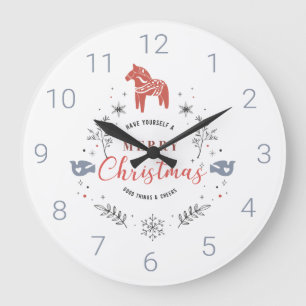 Süße Weihnachtsornament-Typografie & Tiere Große Wanduhr
