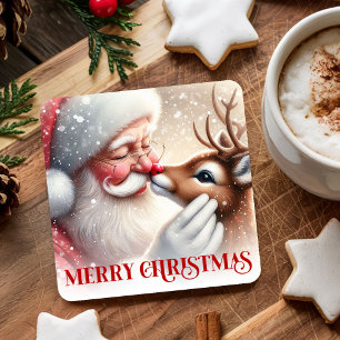 Süße Weihnachtspapier-Untersetzer Santa und Rudolp Rechteckiger Pappuntersetzer