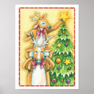 Süße Weihnachtsrenentiere mit Weihnachtsbaumstern Poster