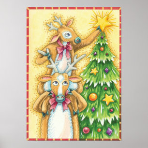Süße Weihnachtsrenentiere mit Weihnachtsbaumstern Poster
