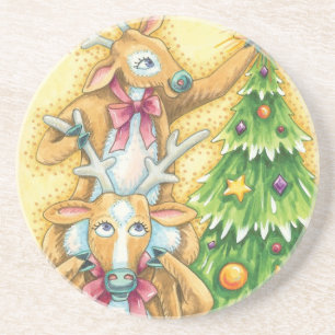 Süße Weihnachtsrenentiere mit Weihnachtsbaumstern Sandstein Untersetzer