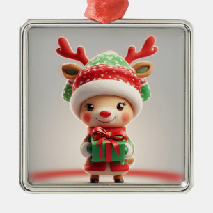 Süße Weihnachtsrentier mit einer Geschenkschachtel Ornament Aus Metall