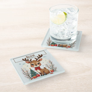Süße Weihnachtsrentier-Szene Schneewald Glasuntersetzer