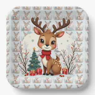 Süße Weihnachtsrentier-Szene Schneewald Pappteller