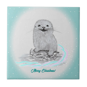 Süße weiße Baby-Seeeotter, Frohe Weihnachten Fliese
