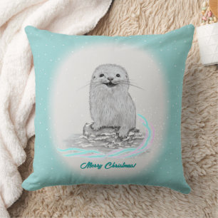 Süße weiße Baby-Seeeotter, Frohe Weihnachten Kissen