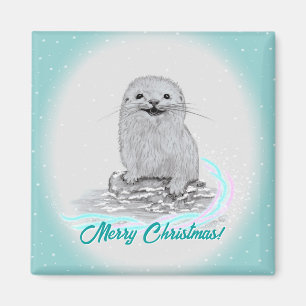 Süße weiße Baby-Seeeotter, Frohe Weihnachten Magnet
