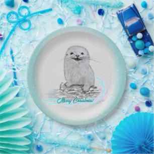 Süße weiße Baby-Seeeotter, Frohe Weihnachten Pappteller