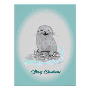 Süße weiße Baby-Seeeotter, Frohe Weihnachten Poster