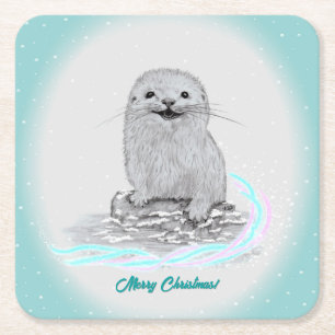 Süße weiße Baby-Seeeotter, Frohe Weihnachten Rechteckiger Pappuntersetzer