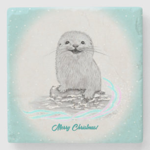 Süße weiße Baby-Seeeotter, Frohe Weihnachten Steinuntersetzer