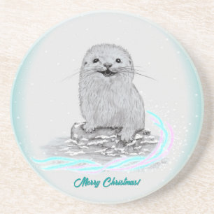 Süße weiße Baby Seeotter , Frohe Weihnachten Getränkeuntersetzer