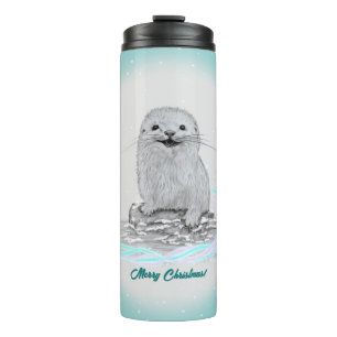 Süße weiße Baby Seeotter , Frohe Weihnachten Thermosbecher