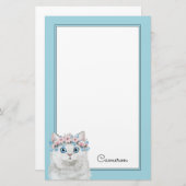 Süße weiße Blumenkatze | addieren Ihren Namen Briefpapier (Vorne/Hinten)