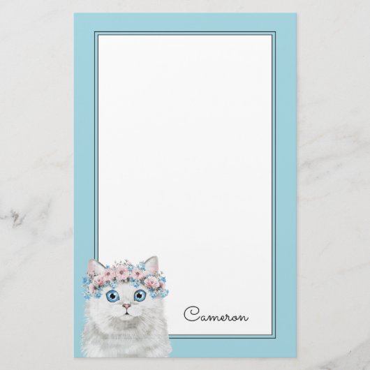 Süße weiße Blumenkatze | addieren Ihren Namen Briefpapier (Vorderseite)