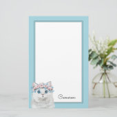 Süße weiße Blumenkatze | addieren Ihren Namen Briefpapier (Stehend Vorderseite)