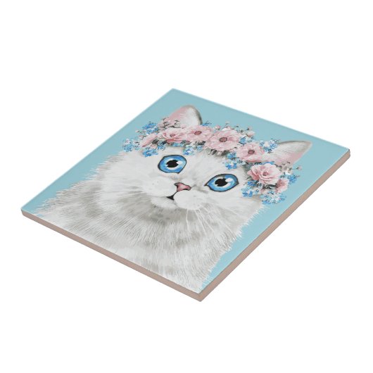 Süße weiße Blumenkatze Fliese (Seite)